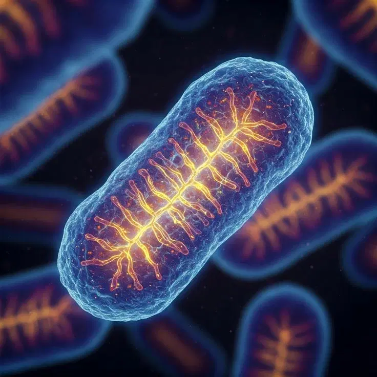 An illustration of a mitochondrion with its inner folds glowing.
