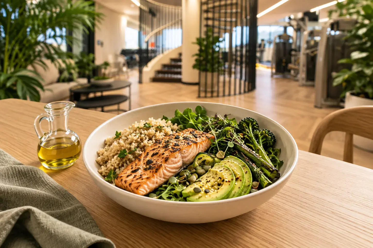 Illustration of a meal with salmon, grains and vegetables