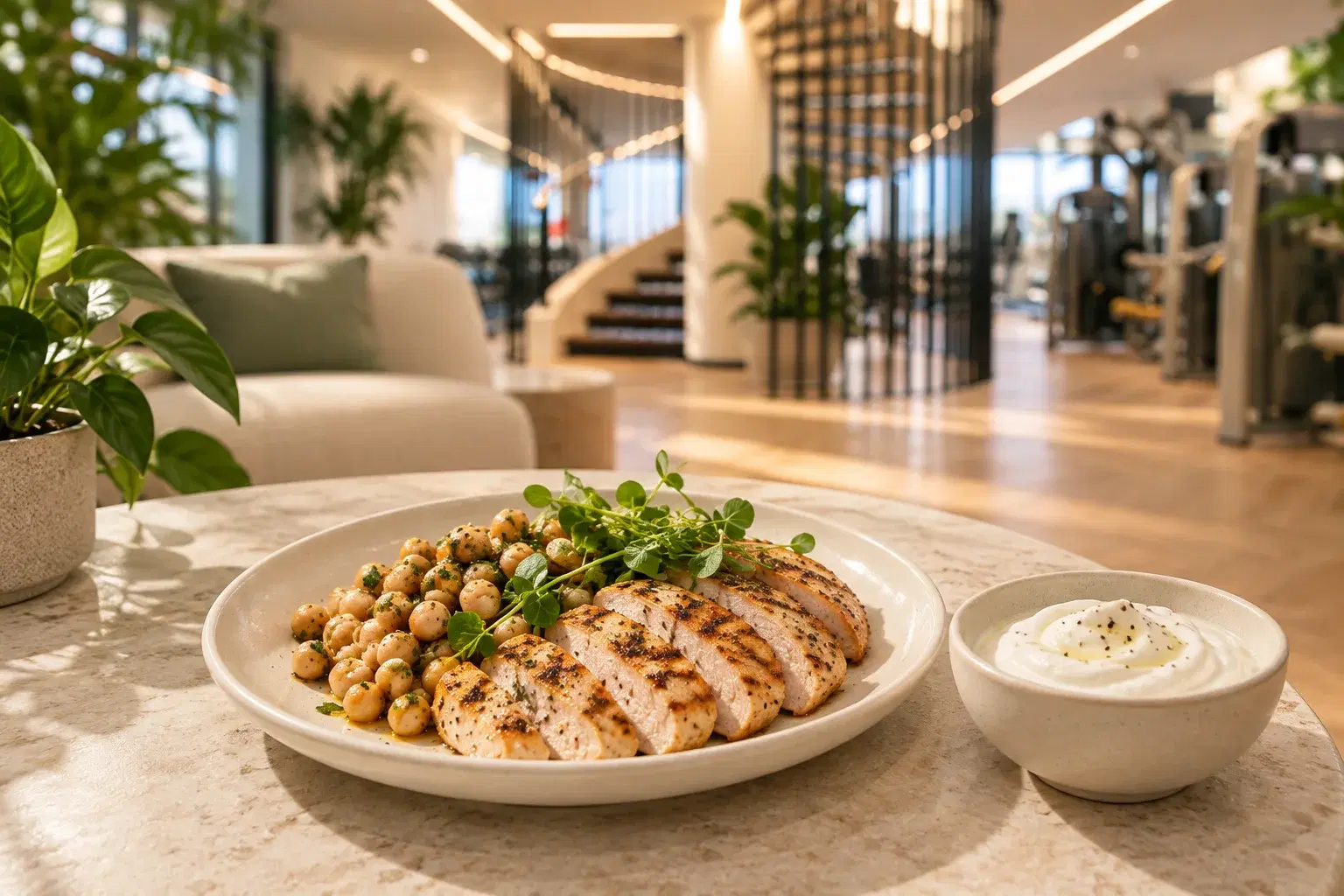 Illustration of a protein-rich meal with chicken and chickpeas
