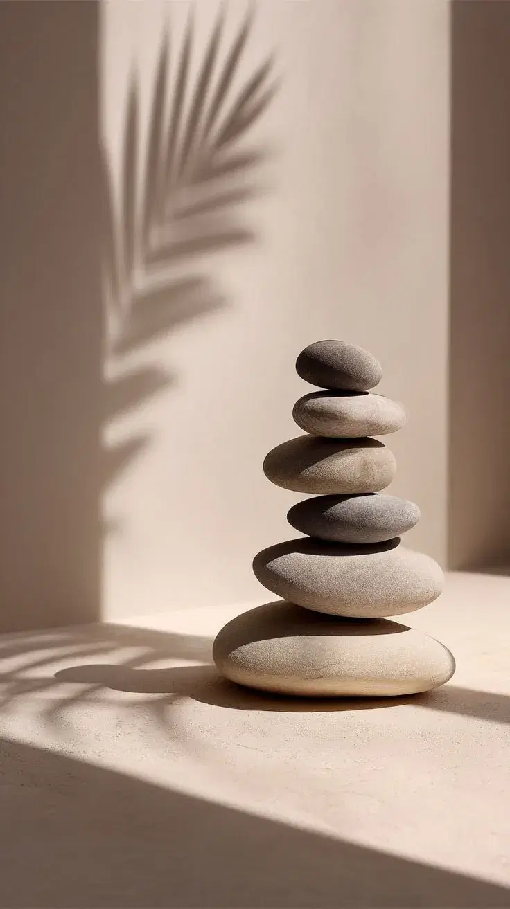 A balanced stack of smooth stones in warm light, representing hormonal balance at WellNest Gold, Cape Town
