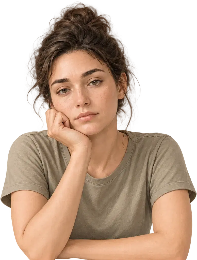 A woman resting her chin on her hand, looking tired, surrounded by common signs of low iron