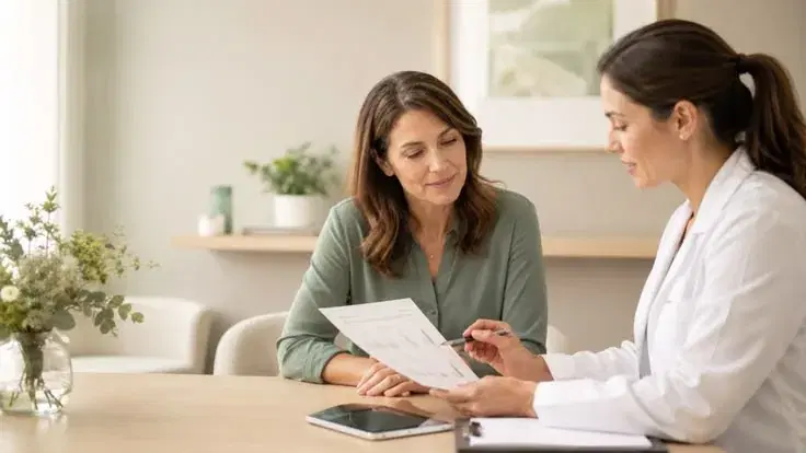 A WellNest Gold doctor going through a patient’s results sheet with her at a consulting table in Cape Town