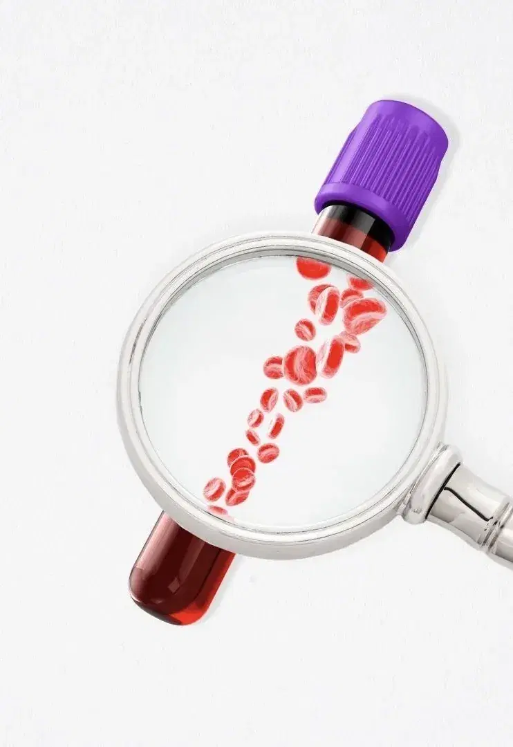 A magnifying glass held over red blood cells, beside a blood collection tube.