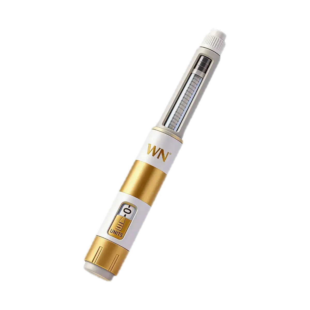 A gold and white WellNest injector pen with a dose window