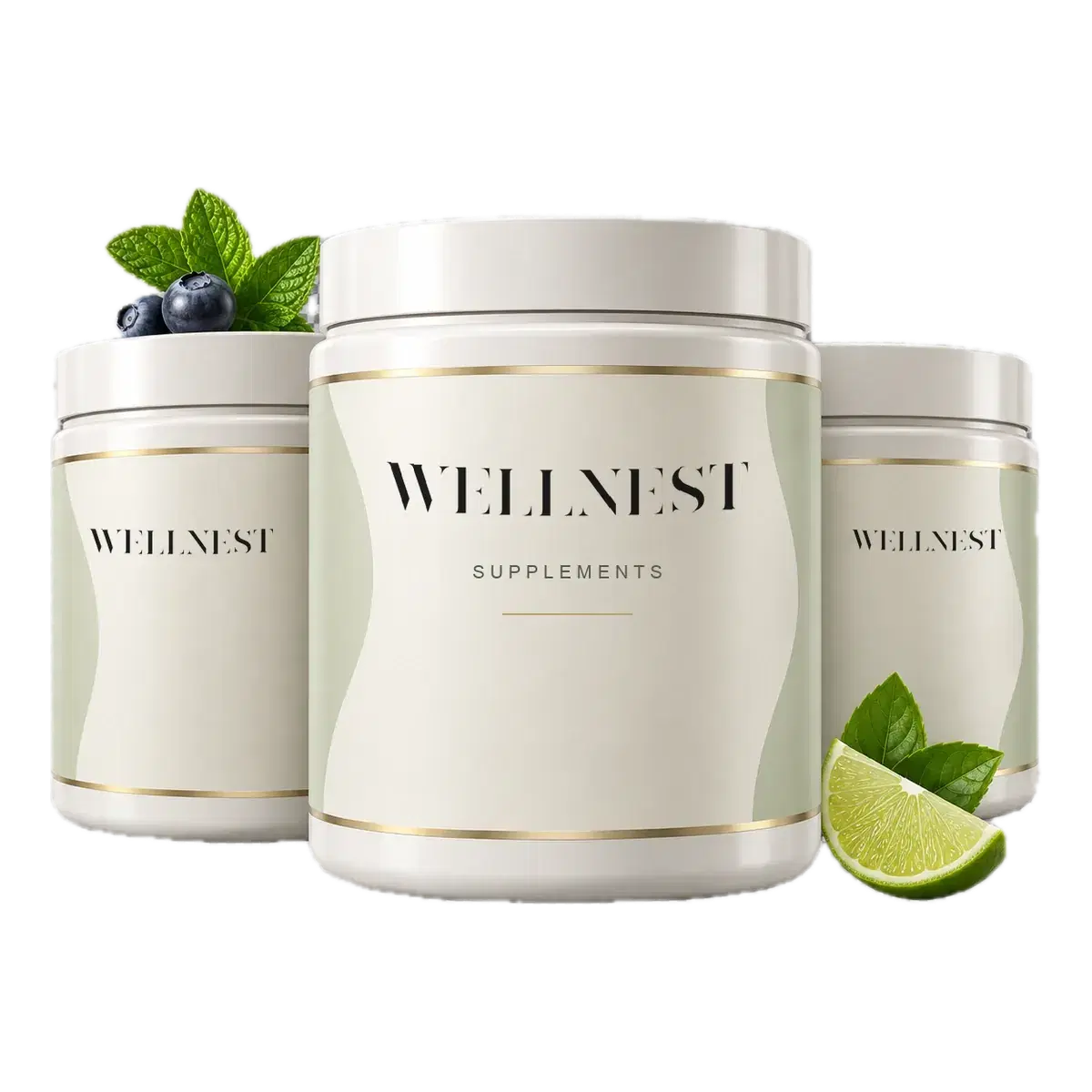 Three WellNest supplement tubs with mint, blueberries and lime