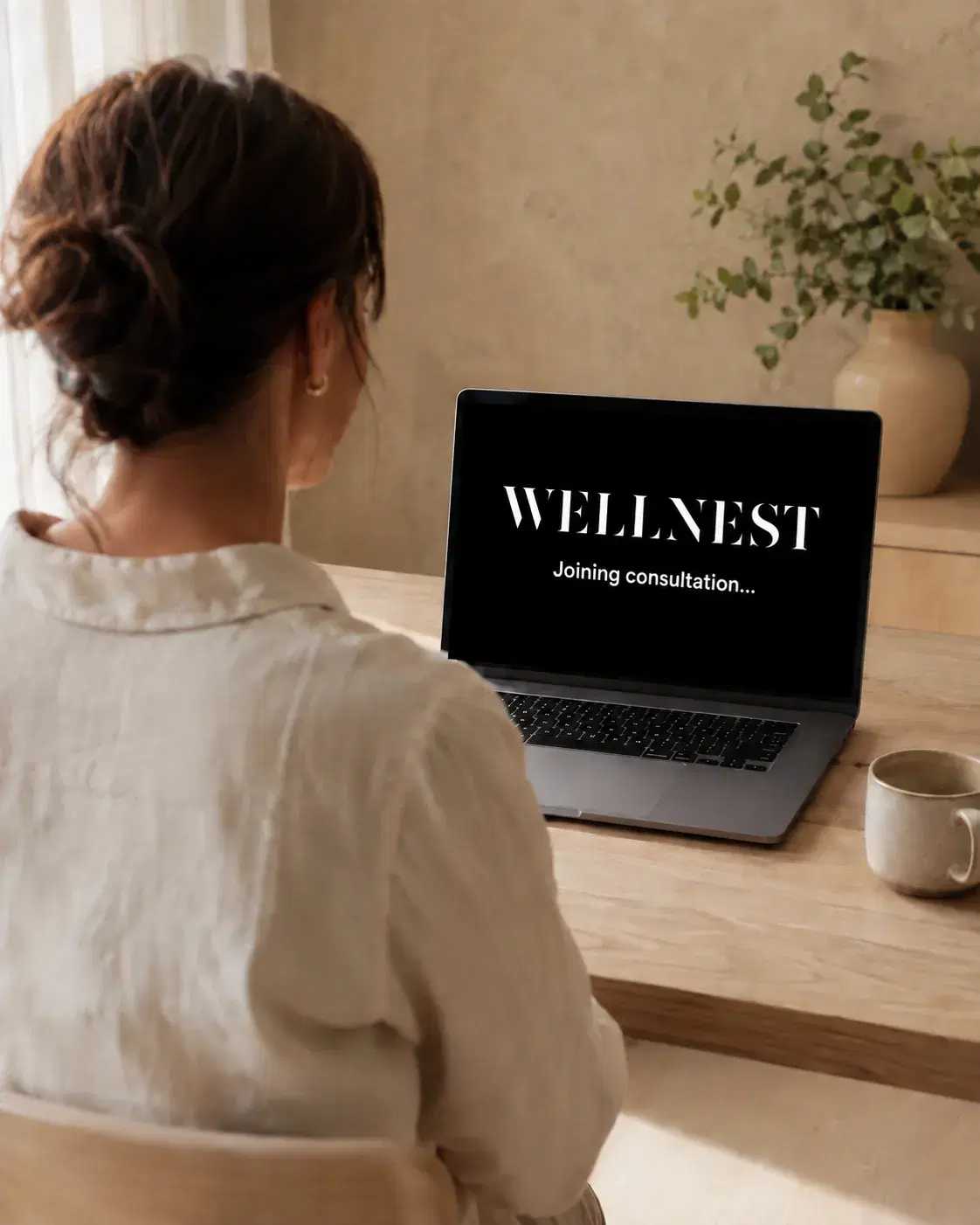 A person at a laptop showing a WellNest consultation screen