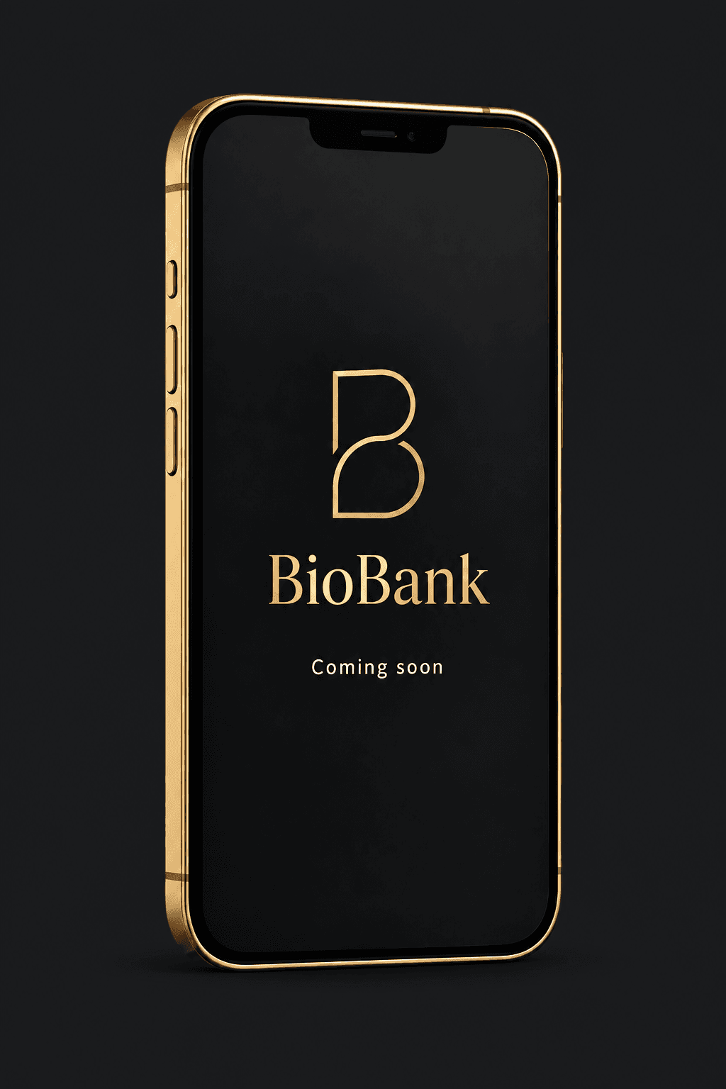 BioBank concept displayed on a black phone with a gold rim. Not a live app.