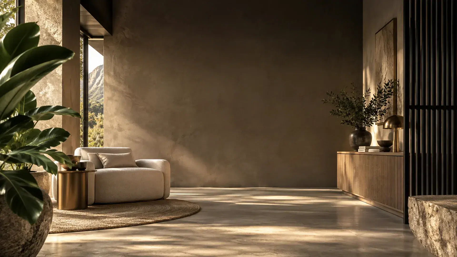 A warmly lit lounge with an armchair, plants and a mountain view through the window