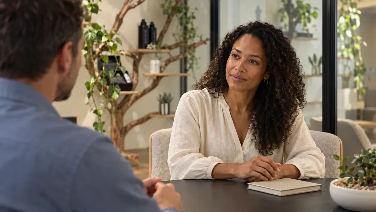 Two people in conversation across a table in the WellNest Gold consulting space, Cape Town