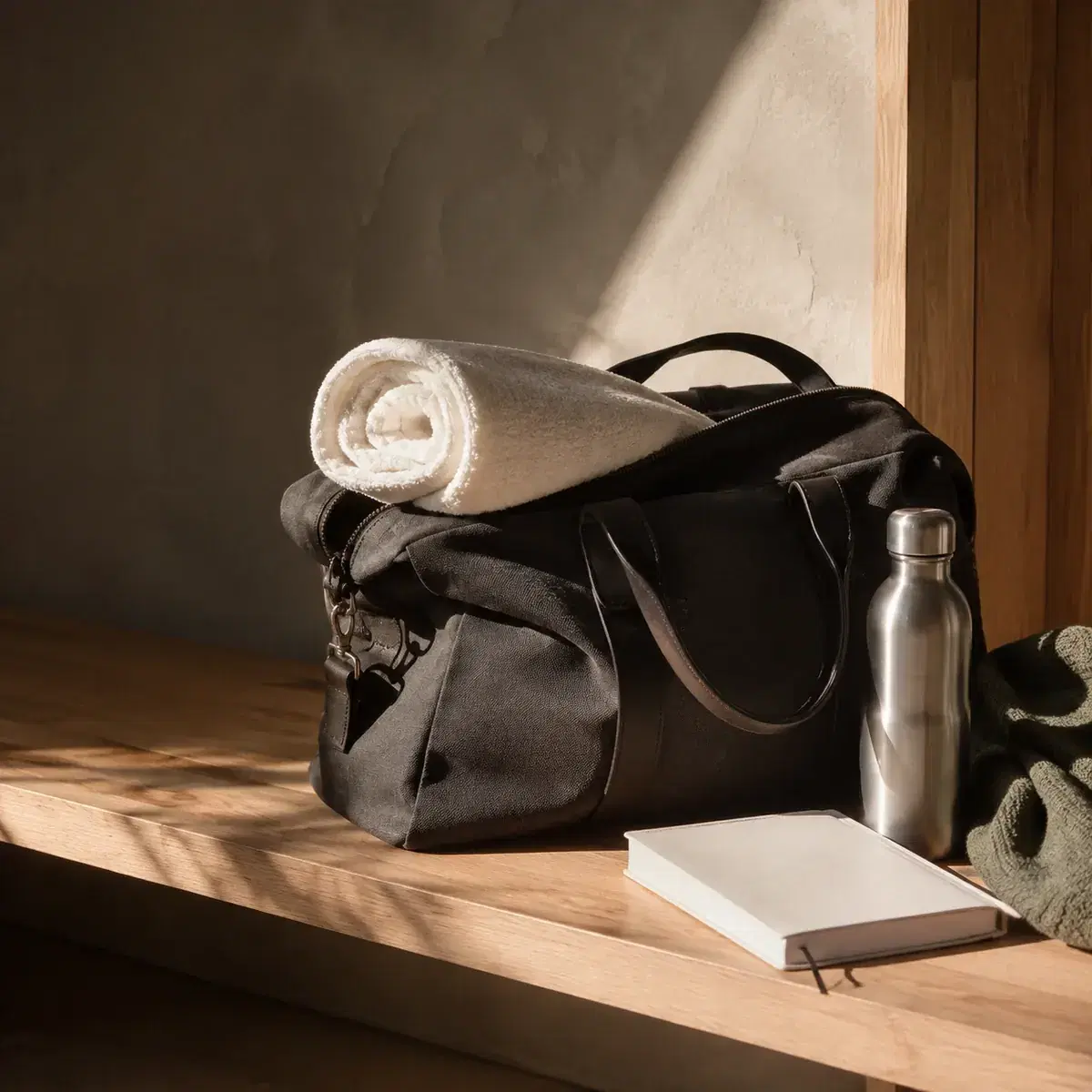 A black holdall with a rolled towel, a steel water bottle and a notebook on a wooden bench