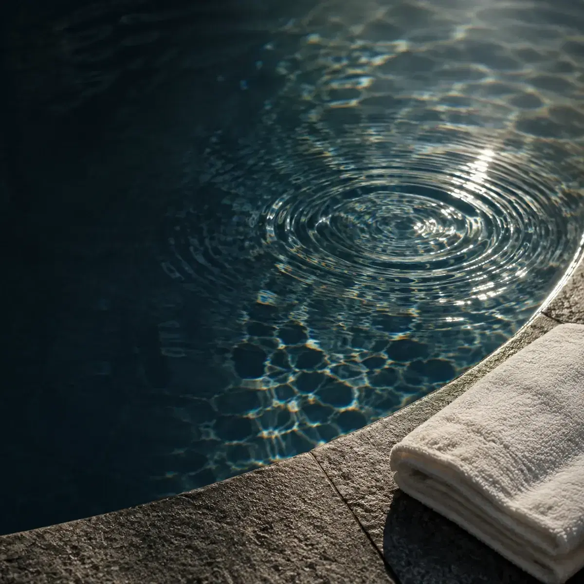 Ripples spreading across water beside folded white towels on a stone ledge