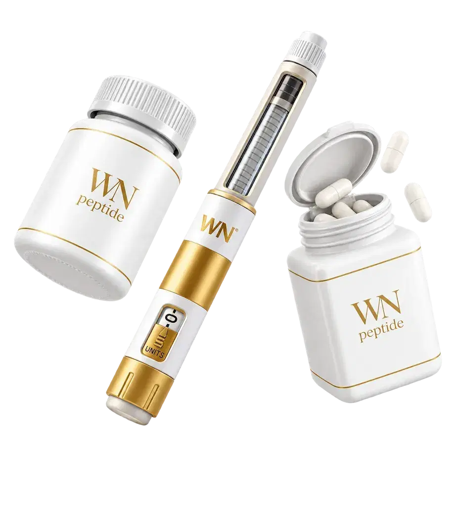 A WellNest peptide injector pen beside two WellNest peptide bottles and loose capsules