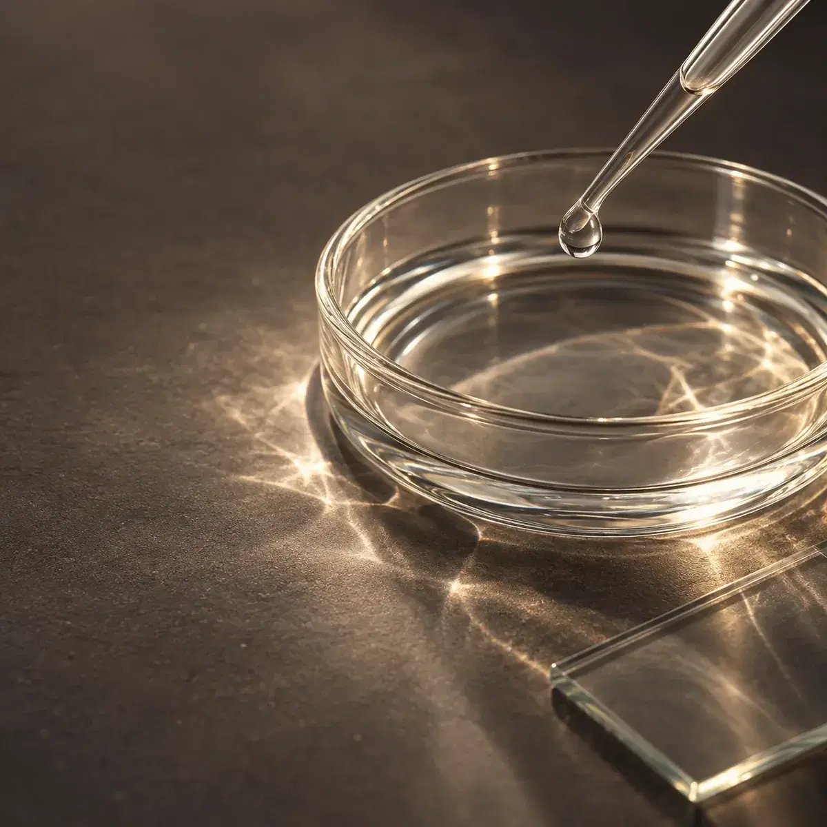 A pipette releasing a droplet into a glass dish beside a microscope slide