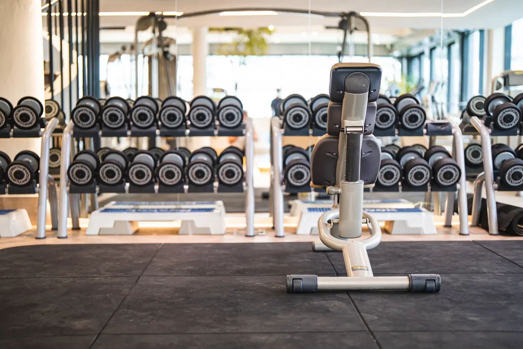 Dumbbell racks and an adjustable bench on the WellNest gym floor in Cape Town
