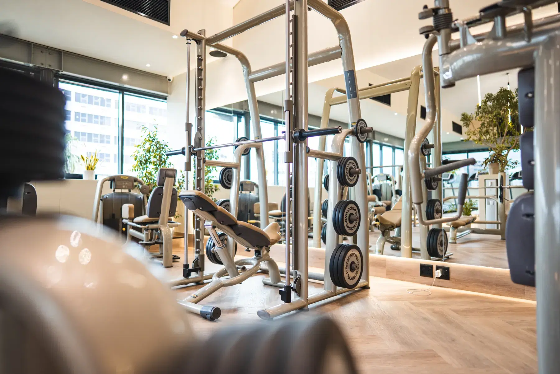 A Smith machine, bench and weight plates on the WellNest gym floor