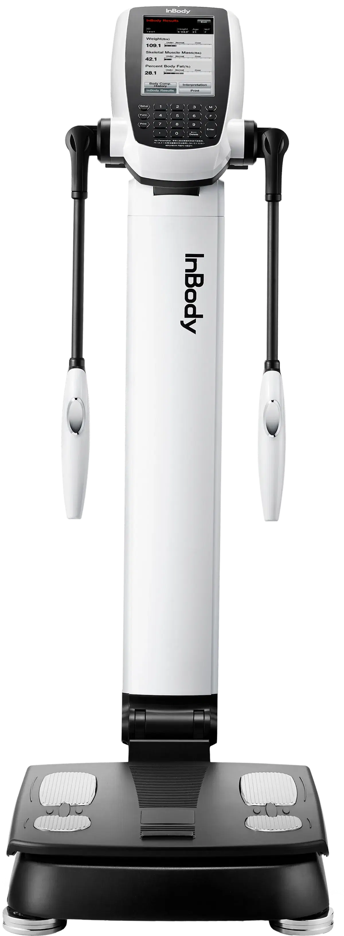 InBody body composition analyser with a standing platform, hand grips and results screen