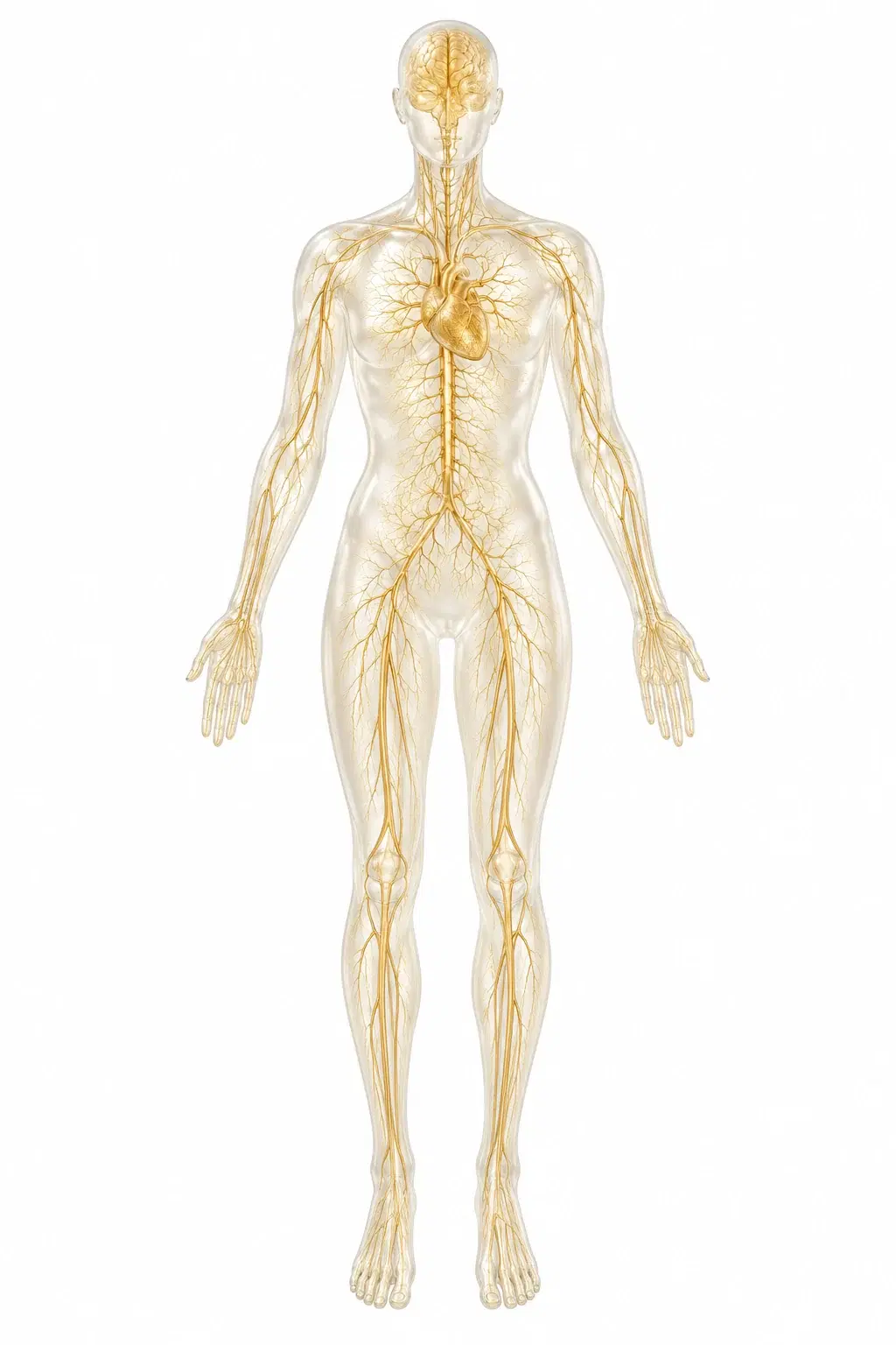 Conceptual translucent human figure with gold vessels, shown from head to toe