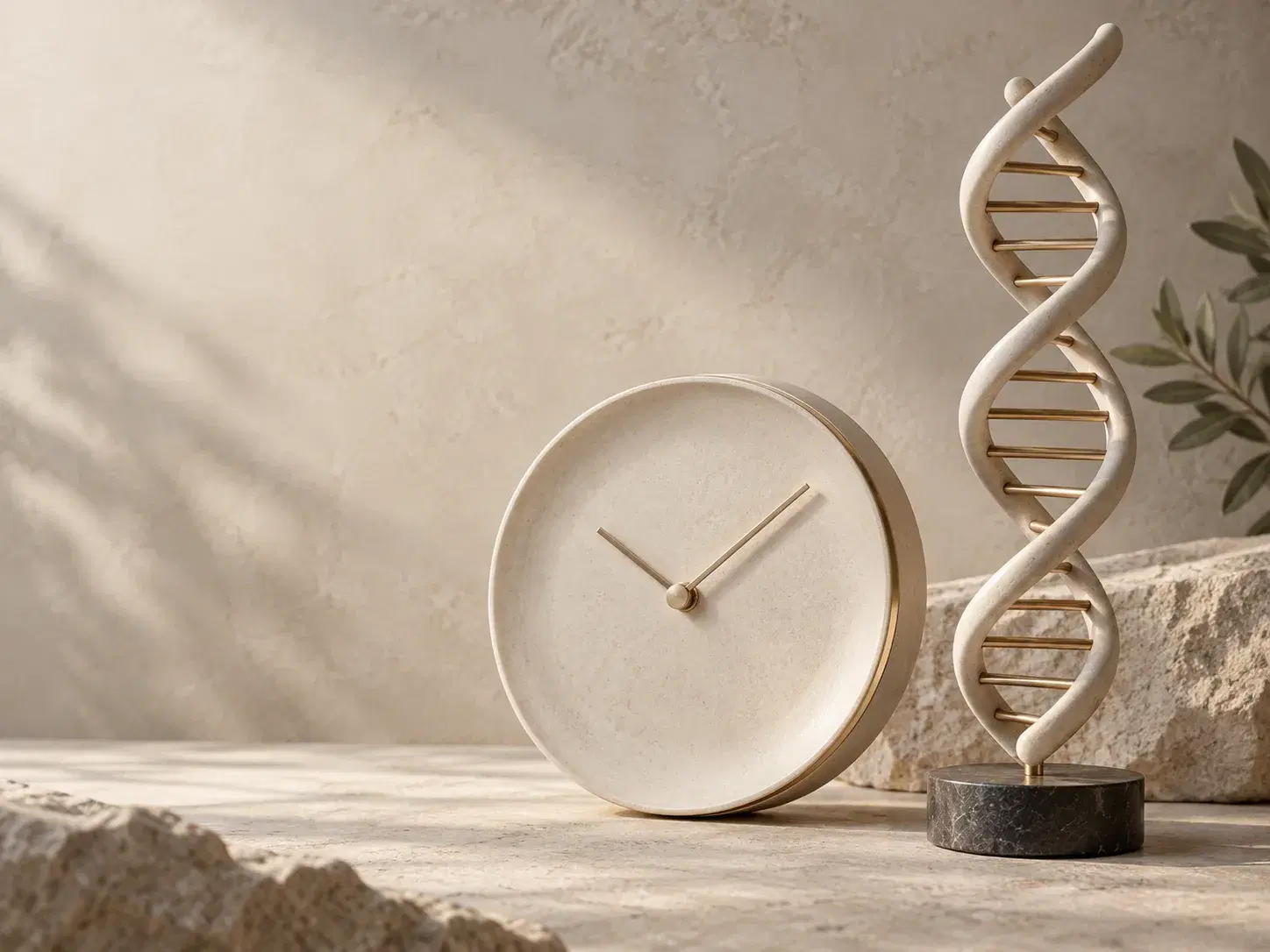 A pale wall clock beside a sculpted spiral on a stone ledge
