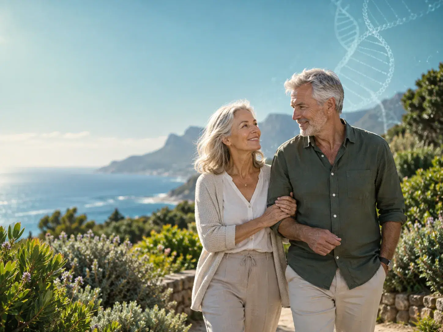 An older couple walking arm in arm on a coastal path in Cape Town