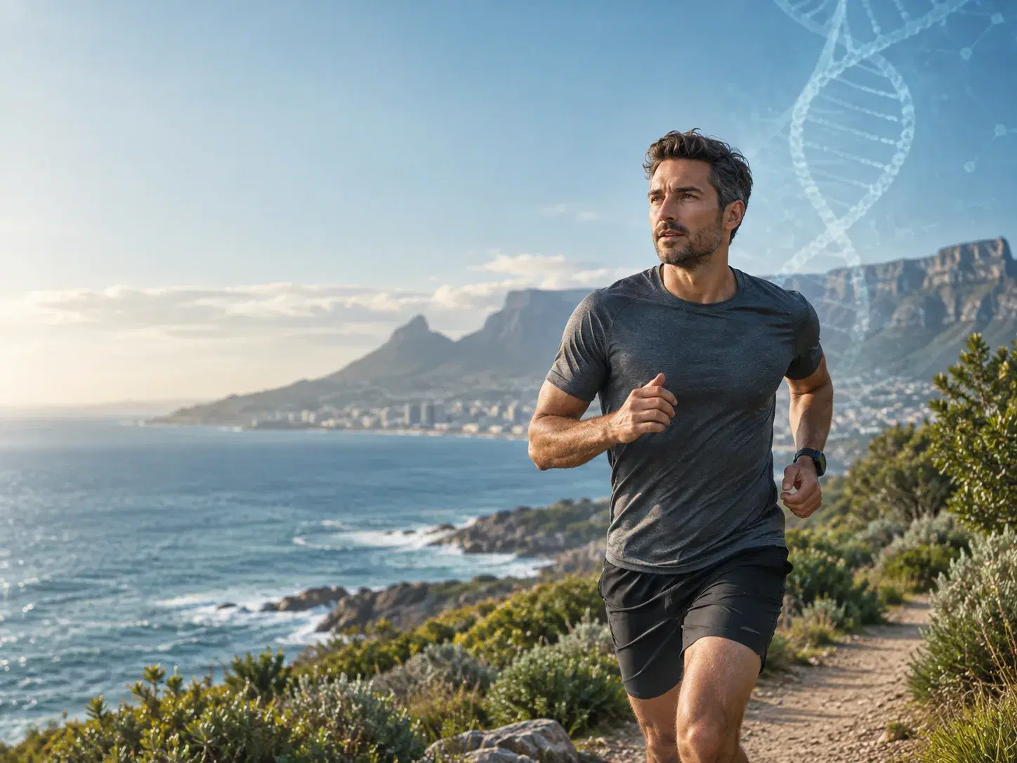A man running on a coastal path with Table Mountain behind him