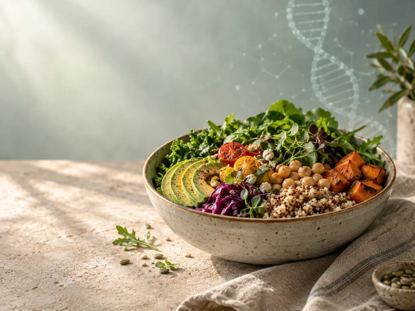 A bowl of leafy greens, avocado, chickpeas, quinoa and roasted sweet potato on a stone table