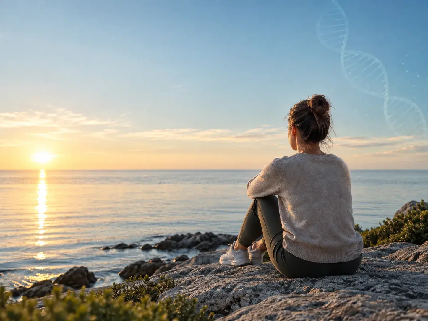 A woman sitting on the rocks above the sea, watching the sun rise