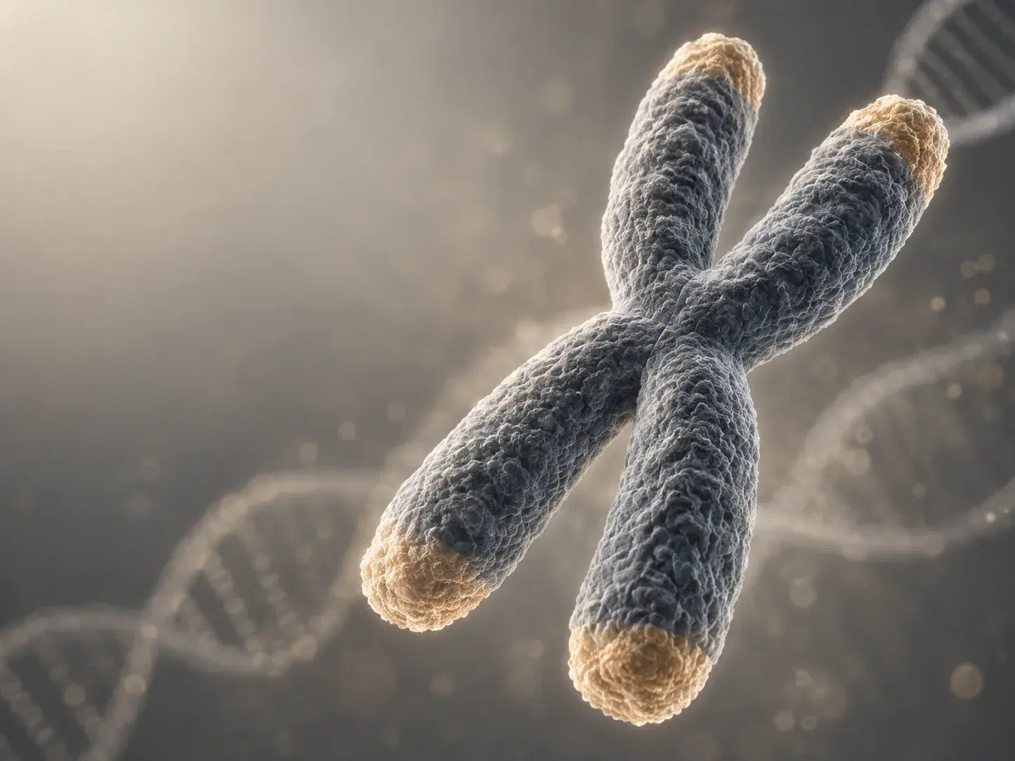 A close-up of a chromosome with gold-tipped ends, where the telomeres sit