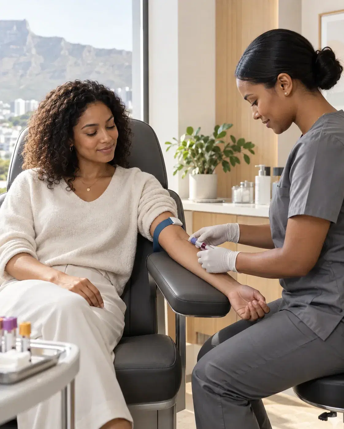 Illustration of a clinician taking a blood sample from a seated adult.