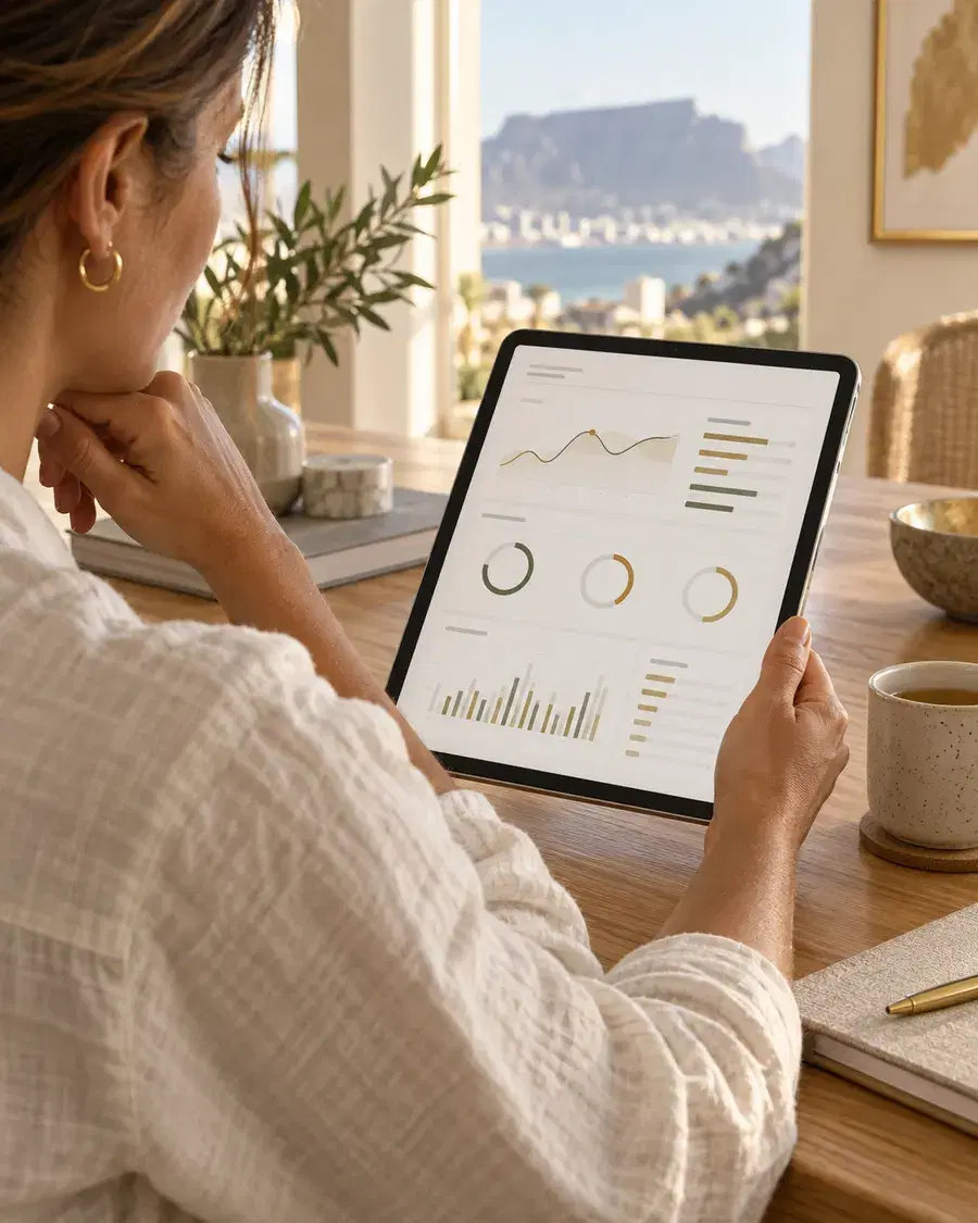 Illustrative scene of an adult reviewing a report on a tablet.