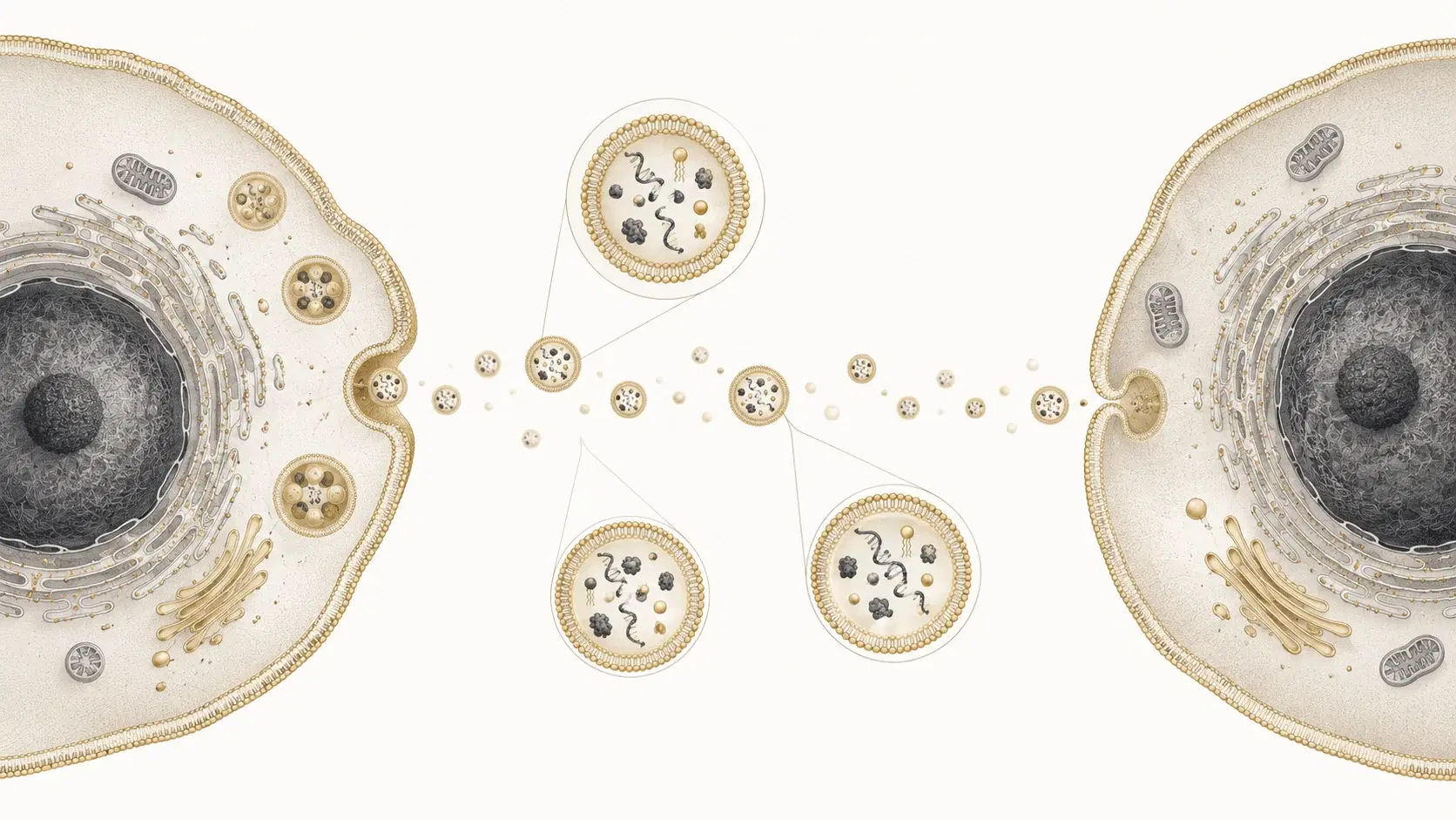 Scientific illustration of extracellular vesicles carrying molecular cargo between human cells.