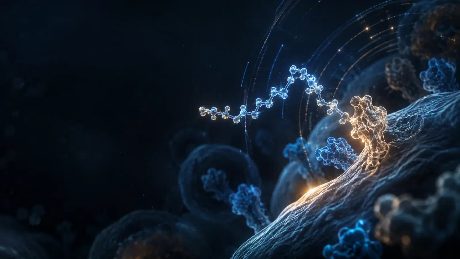 Abstract peptide signalling pathway with gold and blue clinical data motifs.