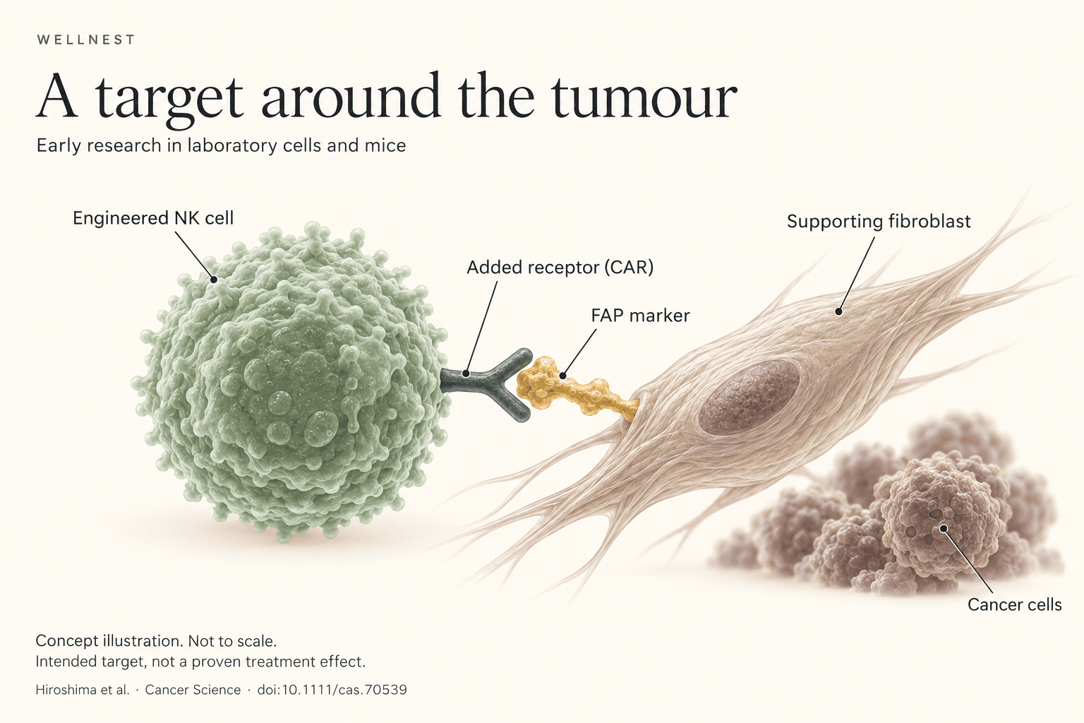 A CAR attached to an NK cell faces a FAP marker attached to a supporting fibroblast, with cancer cells nearby. AI-generated conceptual illustration, not microscopy; simplified and not to scale. Intended target, not proven treatment effect.