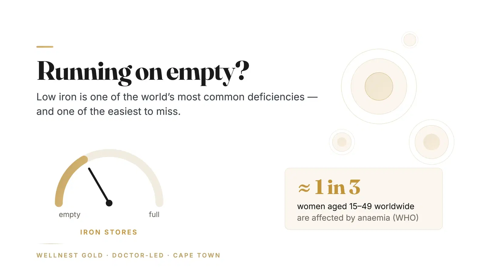Gauge showing iron stores close to empty, alongside a note that roughly 1 in 3 women aged 15 to 49 worldwide are affected by anaemia according to the WHO.